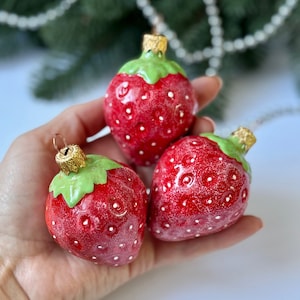 Strawberry glass Christmas ornament, harvest Xmas tree hanging decoration, hand blown, hand painted