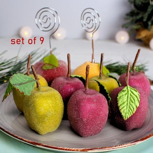 Faux Sugared Apple Ornaments, CARD HOLDERS, Fruit Christmas Decor, Set of 9