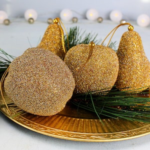 Gold Sugared Beaded Fruit Ornaments: Faux Christmas Decor, Set of 4