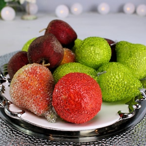 Artificial Fruits, 13 SMALL Sugared Ornaments, Pears Crabapple Pomegranates Lychee, All Seasons & Christmas Décor, Craft Supplies