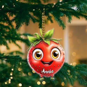 Custom Fruit & Veggie Name Ornament, Cute Strawberry Acrylic Christmas Gift, Personalized Kids Keepsake, Baby, Toddler or Teacher Gift
