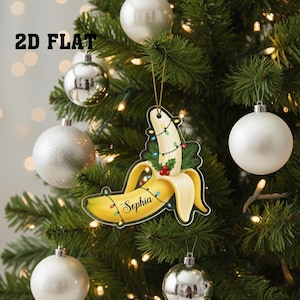 Funny Banana 2D FLAT Christmas Ornament with Lights, Personalized Fruit Tree Decoration, Custom Name Holiday Gift, Unique Food Ornament