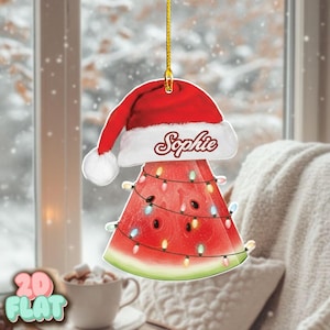 Personalized 2D Flat Watermelon Ornament, Funny Christmas Fruit Decor, Custom Name Santa Hat Holiday Tree Ornament Gift