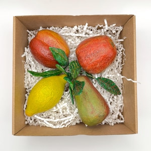 Set of 4 Fruit Christmas Ornaments – Handmade Papier Mâché – Apple, Pear, Peach, Lemon.
